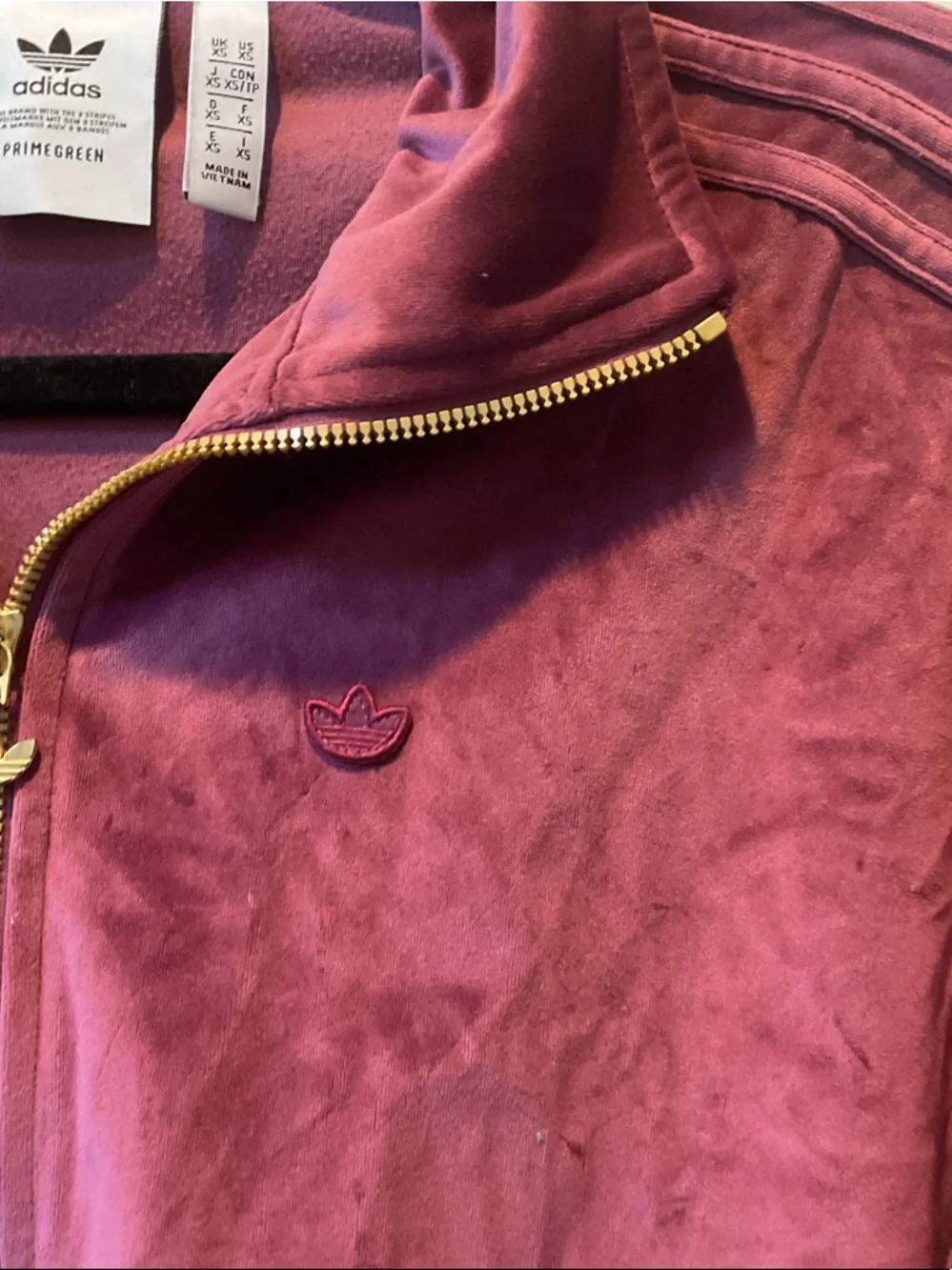 Adidas  Men’s  Burgundy Velour Bomber Jacket with Gold Zipper